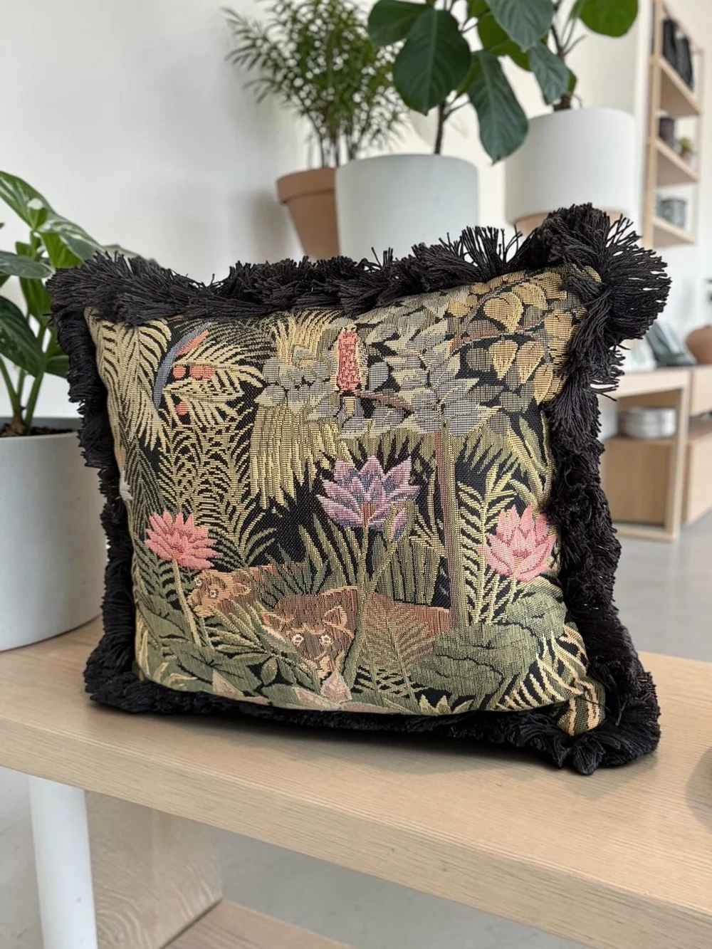 Vintage Black Floral and Animal Tapestry Accent Pillow